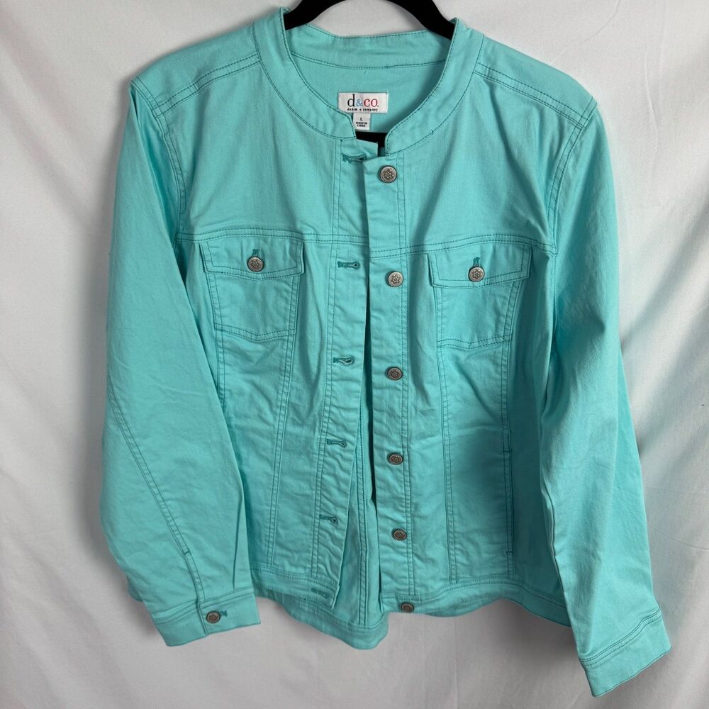 d&co Women's Denim Jacket Size Large Aqua Blue Button Front